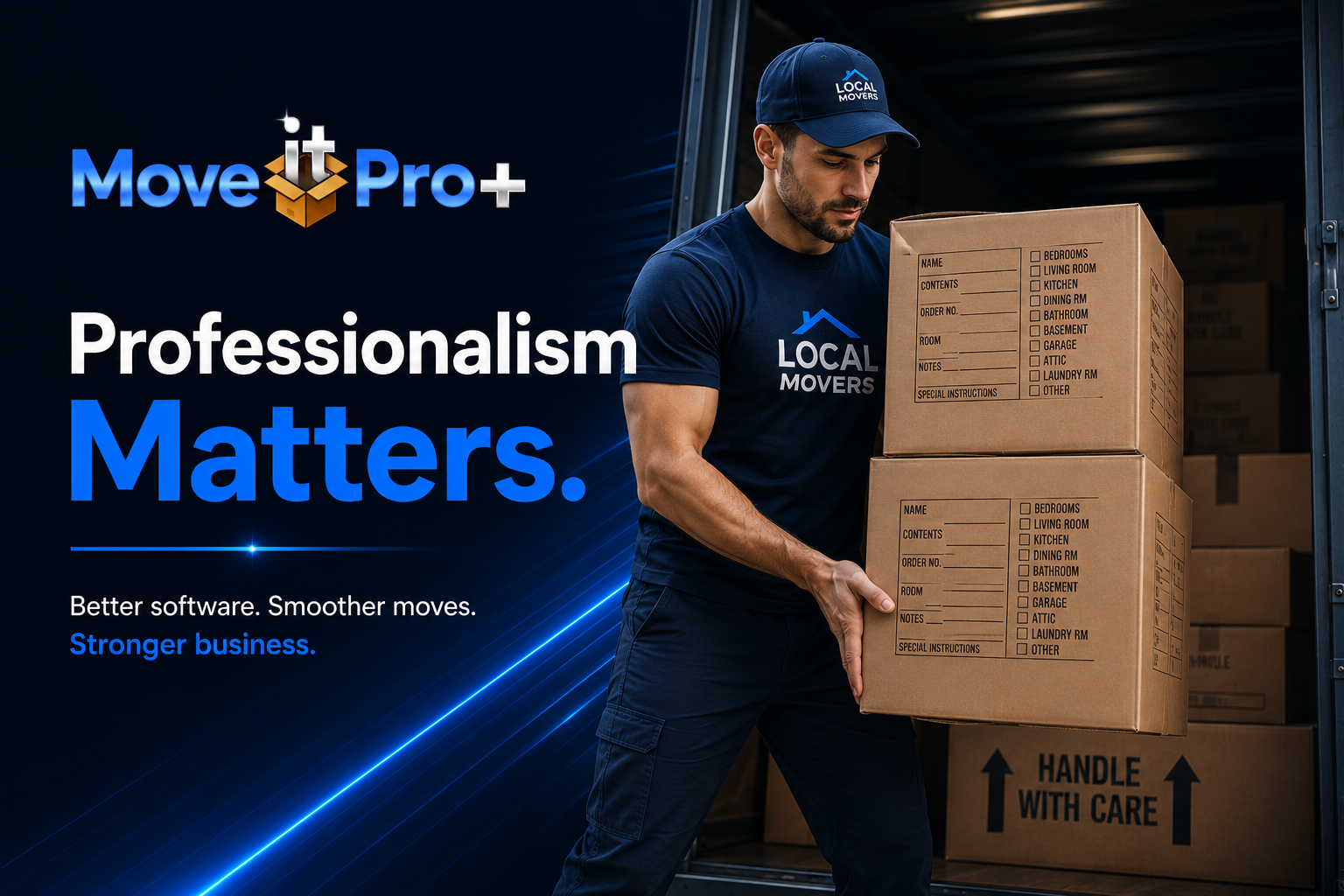 Professional mover in uniform carrying labeled moving boxes — Professionalism Matters. Better software. Smoother moves. Stronger business.