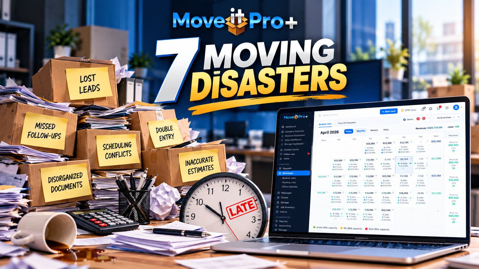 Lost leads, missed follow-ups, double entry and scheduling conflicts piled up next to the MoveitPro+ dispatch calendar