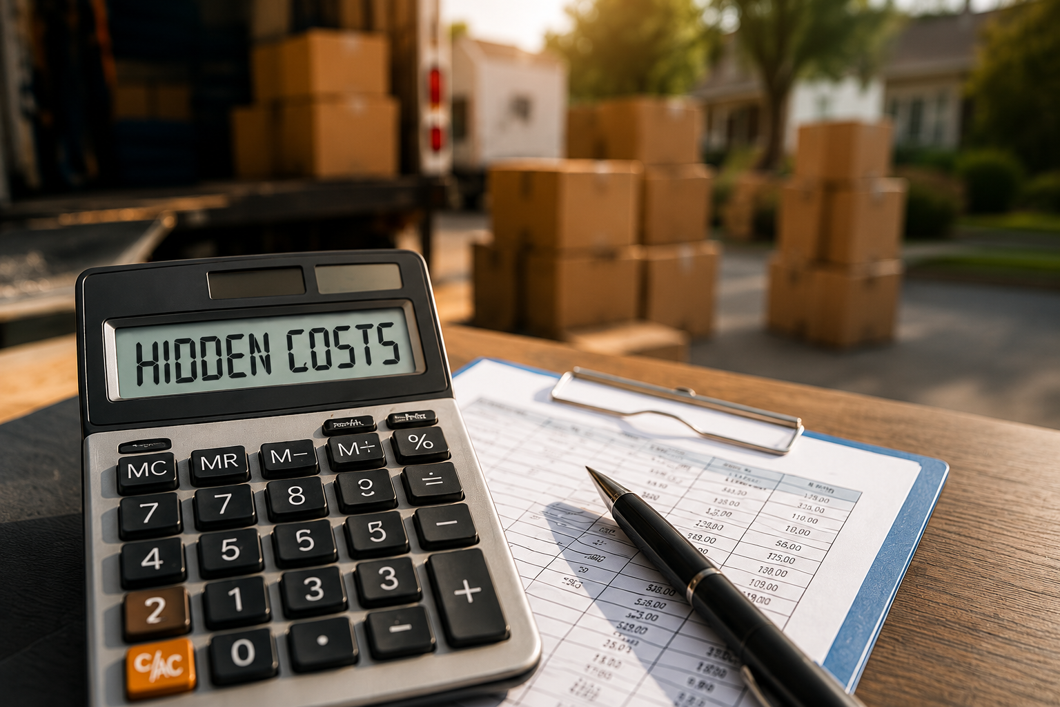 Calculator showing hidden costs next to a moving invoice