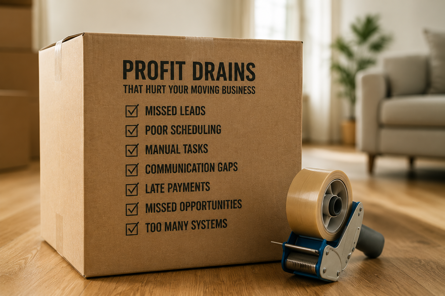 Moving box labeled Profit Drains That Hurt Your Moving Business