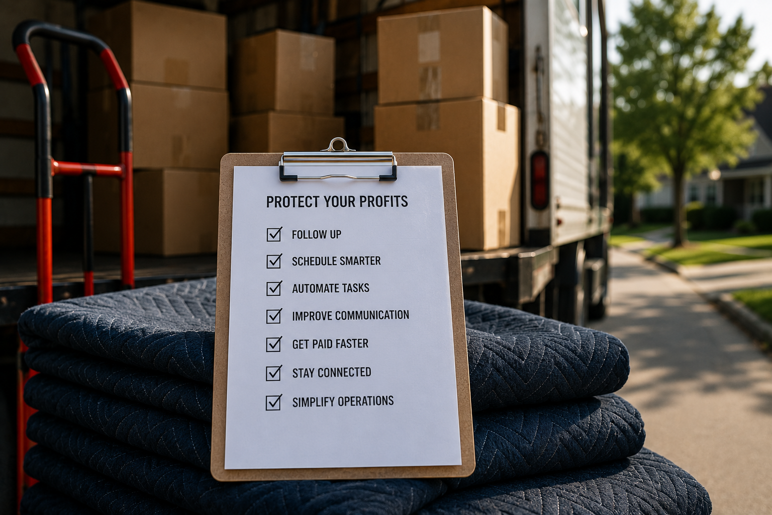 Clipboard checklist titled Protect Your Profits on stack of moving pads